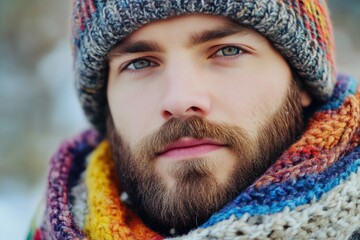 Stylish winter fashion with bearded man in colorful scarf.