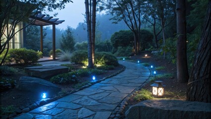 Wall Mural - Serene garden path illuminated by blue lights and a traditional lantern creates a magical atmosphere at twilight, winding through trees and landscaping