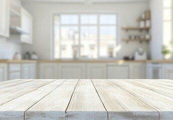 Poster - Empty light wooden table in blurred bright modern kitchen background.
