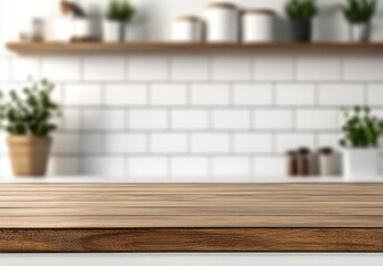 Poster - Empty wooden table in front of blurred kitchen background with white tiles and shelves.