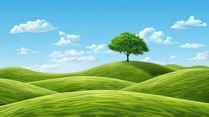 Wall Mural - Serene Green Hillscape with Solitary Tree Under Blue Sky