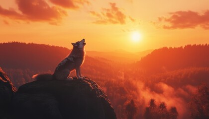 Naklejka na meble Wolf howling at sunset over a mountainous landscape