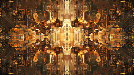 Fototapete - Complex circuit board pattern with gold and copper colors on a digital abstract background, embodying a technology concept