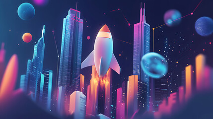 Poster - Concept of business transformation, showcasing elements of digital development and modern efficiency, with symbols representing innovation, growth, and technological advancement in corporate setting
