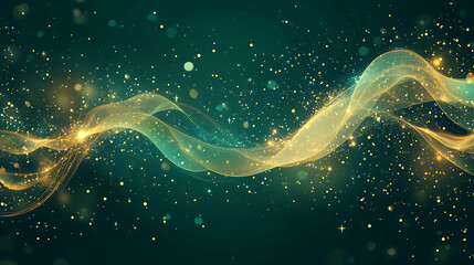 Wall Mural - Dark green and gold background with a digital space filled with glowing particles, stars and a flowing ribbon of light, creating an ethereal atmosphere