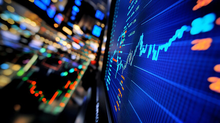Aufkleber - Detailed analysis of stock market trends: zoomed-in view of rising candlestick chart patterns on a blue monitor display