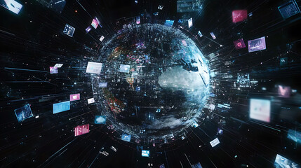 Leinwandbilder - A blue background with a digital globe and global network connections on the right side, representing an international technology business