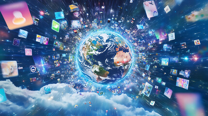 Leinwandbilder - A blue background with a digital globe and global network connections on the right side, representing an international technology business