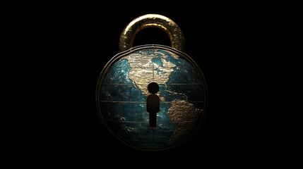 Poster - Digital lock over a globe in cyberspace, dark background, concept of cybersecurity and global data protection