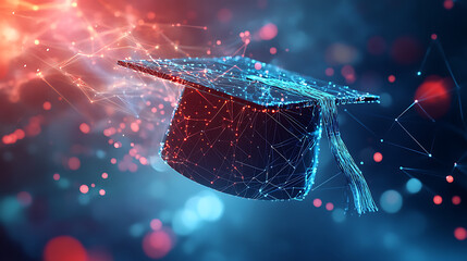 Poster - Digital illustration of a graduation cap made from glowing data connections, representing the impact and connection between education technology products