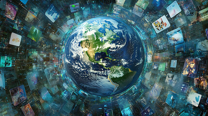 Leinwandbilder - A blue background with a digital globe and global network connections on the right side, representing an international technology business