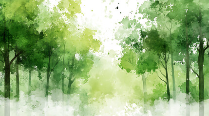 Aufkleber - Digital watercolor forest painting: green trees, white background, nature wallpaper