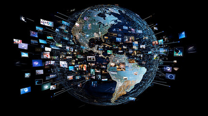 Fototapete - Abstract digital globe with global network connections and images of social media and video streaming on the earth, representing online communication in technology concept