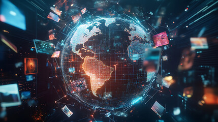 Leinwandbilder - Abstract digital globe with global network connections and images of social media and video streaming on the earth, representing online communication in technology concept
