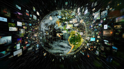 Leinwandbilder - Abstract digital globe with global network connections and images of social media and video streaming on the earth, representing online communication in technology concept