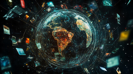 Aufkleber - Abstract digital globe with global network connections and images of social media and video streaming on the earth, representing online communication in technology concept