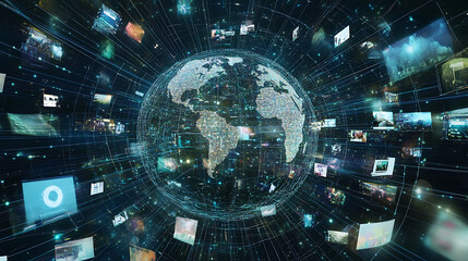 Aufkleber - Abstract digital globe with global network connections and images of social media and video streaming on the earth, representing online communication in technology concept