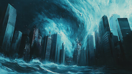 Poster - Dramatic of a city destroyed by natural disasters, digital painting