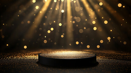 Poster - Black podium product stage with spotlight and golden glitter background, gold lights rays scene background, gold bokeh awards glamour background, black friday sale