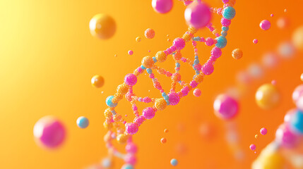 Poster - Abstract dna helix composed of colorful spheres on a vibrant orange background, ideal for science and technology concepts