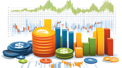 Poster - Dynamic business growth: comprehensive market analysis chart showcasing financial profit trends and investment data on a background of rising stock graphs and success metrics
