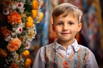 Wall Mural - Portrait of a cute little boy in the room decorated with flowers