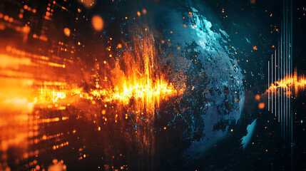 Fototapete - Earthquake concept background, digital data on world map, emergency management