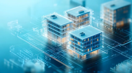 Aufkleber - Abstract image of buildings overlaid with financial data graphs, symbolizing real estate market analysis on a blue background