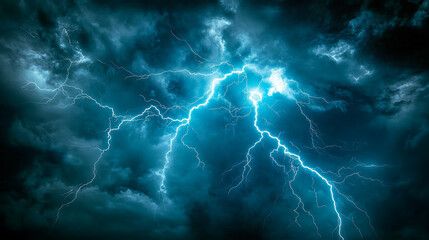Poster - Electric thunder lightning bolts branching out in multiple directions against dark background dynamic natural electrical storm
