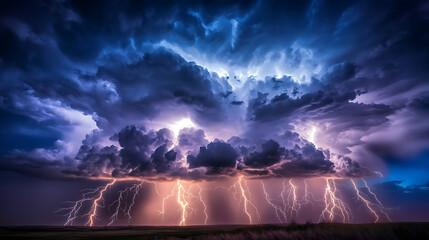 Poster - Electric thunder lightning bolts branching out in multiple directions against dark background dynamic natural electrical storm