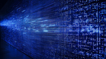 Leinwandbilder - Blue binary background, computer language matrix, multiple exposure photo of led screen displaying information codes