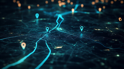 Leinwandbilder - Blue glowing location pins on map with dynamic path lines connecting them against dark background