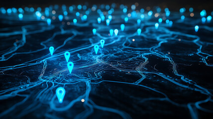Poster - Blue glowing location pins on map with dynamic path lines connecting them against dark background