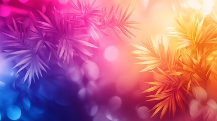 Poster - Abstract summer background with palm trees, sunset and sun rays, pink orange purple blue gradient