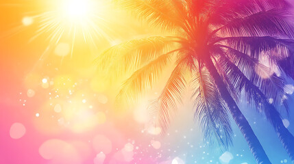 Wall Mural - Abstract summer background with palm trees, sunset and sun rays, pink orange purple blue gradient