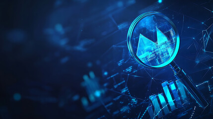 Aufkleber - Blue magnifying glass with graph and arrow up, in a low poly style on a dark blue background for business analytics or analysis of data in a digital technology concept