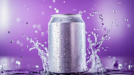 Poster - Empty aluminium soda can with a water splash effect, this mockup may be used as beverage drink product promotion, purple background