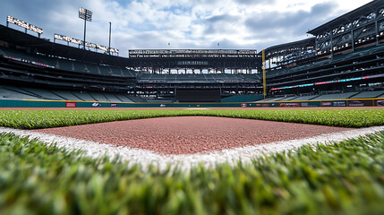 Poster - Empty baseball stadium with green grass, home plate line in center of frame