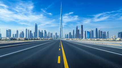 Poster - Empty highway leading towards modern city skyline under a bright blue sky
