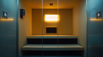 Poster - Empty infrared sauna with illuminated control panel displaying temperature settings