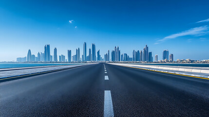 Poster - Empty highway leading towards modern city skyline under a bright blue sky