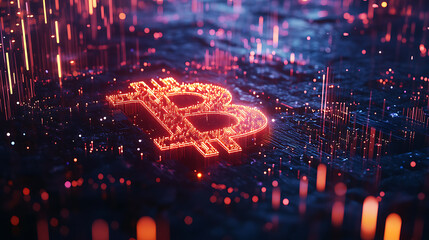 Poster - Abstract visualization of cryptocurrency surge: bitcoin symbol illuminated by lightning strike, indicating market growth and strength
