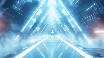 Fototapete - Empty long light corridor, modern white background, futuristic sci-fi triangle tunnel, minimal technology style scene, abstract leading lights white background