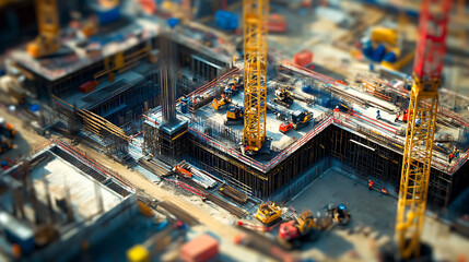 Poster - Blurred cranes working on a construction site on a sunny day