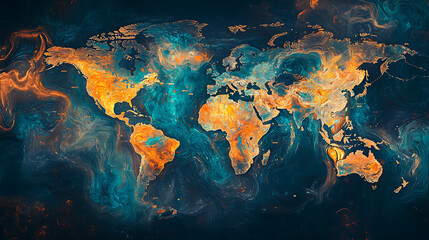 Leinwandbilder - Abstract world map, concept of global network and connectivity, international data transfer and cyber technology, worldwide business, information exchange and telecommunication
