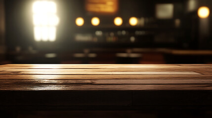 Aufkleber - Empty wooden table with a blurred cafeteria background, concept of a dining space
