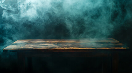 Fototapete - Empty wooden table with smoke and dark background, textured wood table