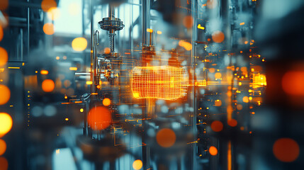 Poster - Energy-saving concepts and industry 4, 0, the energy icon and network are double exposed with the background of an oil refinery industry plant, industrial instruments in the factory