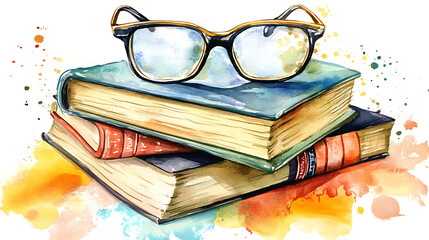 Poster - Bookworm clipart with glasses and a stack of books, , watercolor illustration, perfect for nursery art, simple clipart, single object, white color background