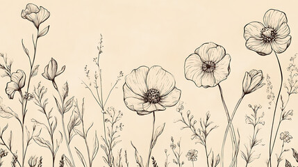 Poster - Botanical line art poster, delicate flowers and leaves on a beige background